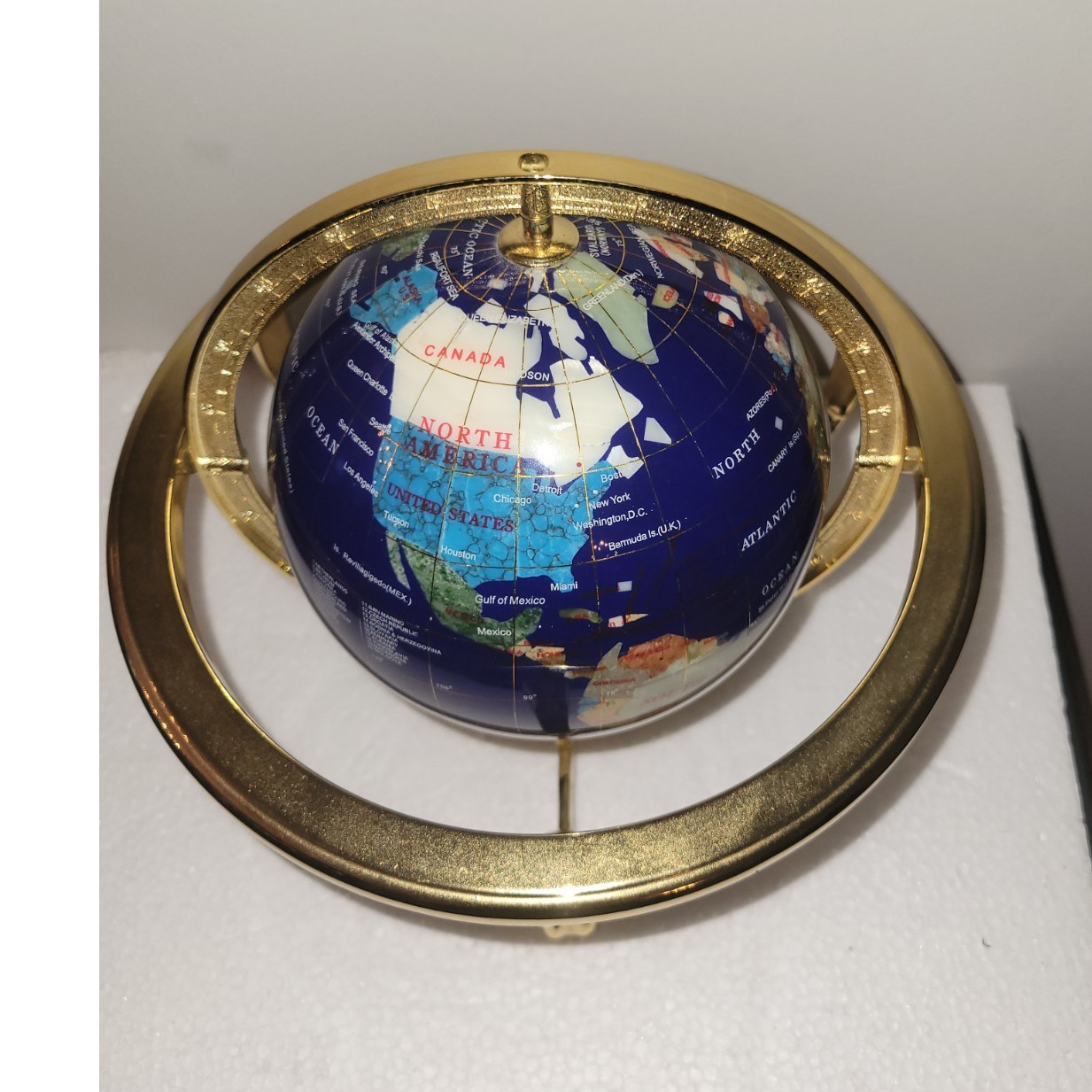 World Globe Blue Lapis Brass Plated Stand 10" x 9" & Multicolor Gold Rotating