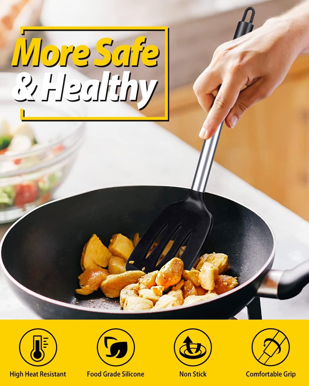 Pack of 2 Silicone Solid Turner, Non Stick Slotted Kitchen Spatulas, High Heat