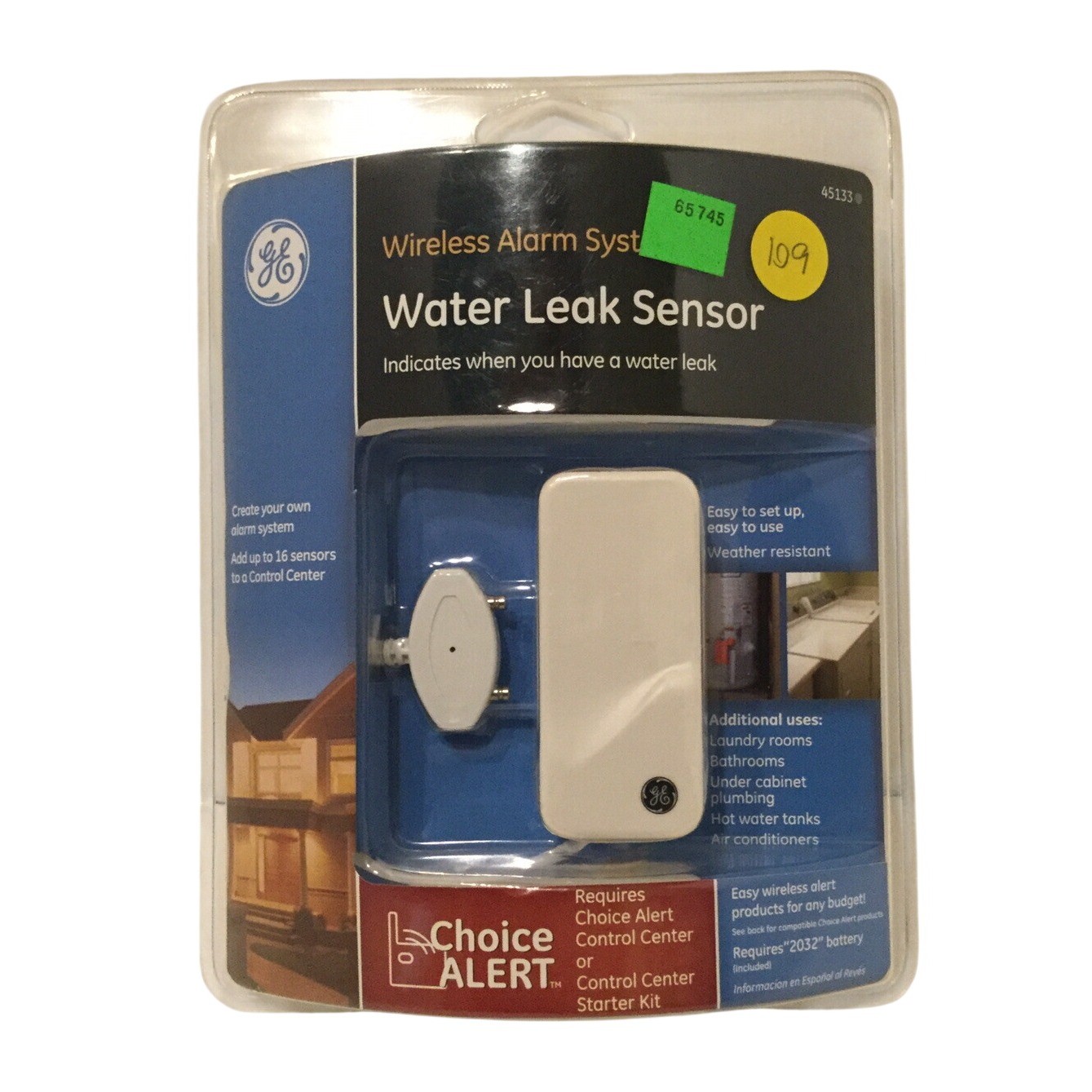 GE Wireless Alarm System Water Leak Sensor 45133 REQ CHOICE ALERT CONTROL CENTER