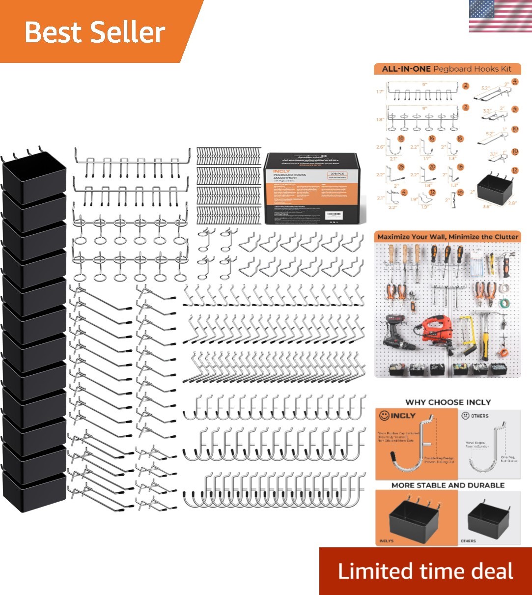 278-Piece Pegboard Accessories Organizer Kit: Hooks & Bins for Garage Storage