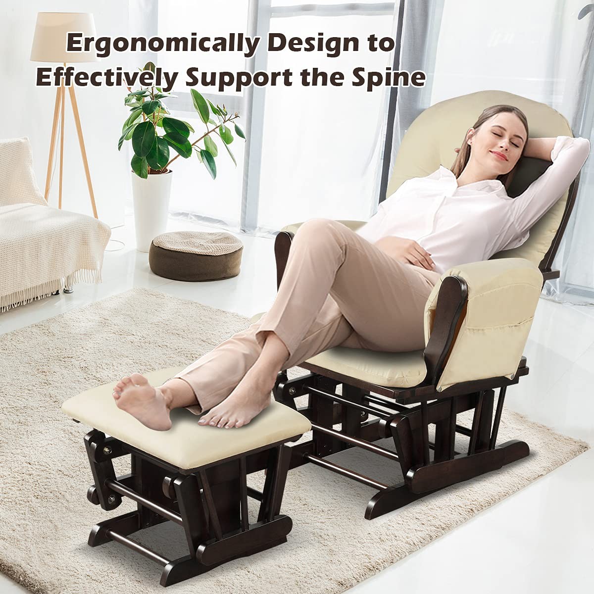 Costzon Glider and Ottoman Set, Wood 29.5” x 28.5” x 39.5” (L x W x H), Beige