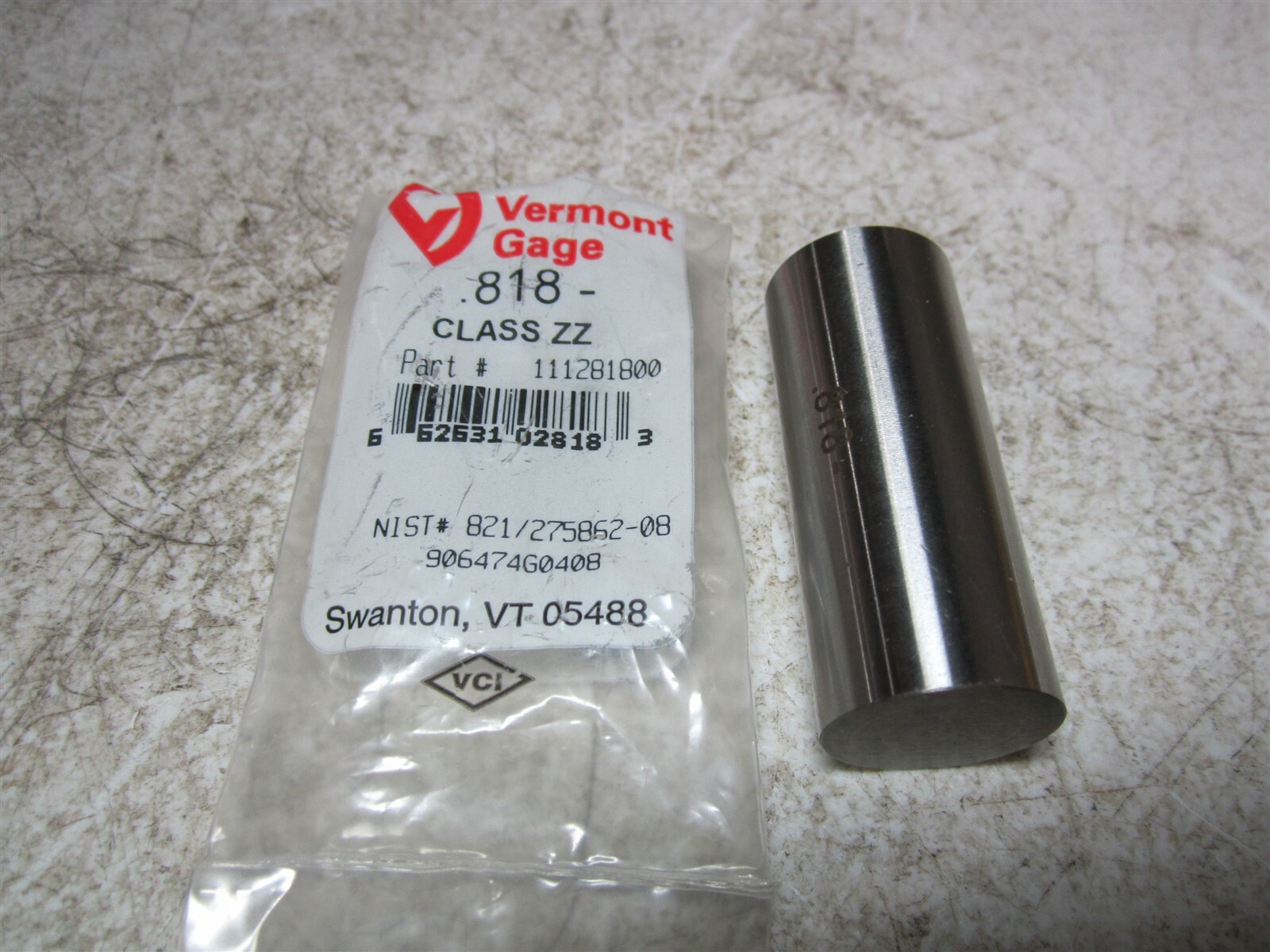 Vermont Gage (111281800) 0.818 Diameter Class ZZ Pin Gage