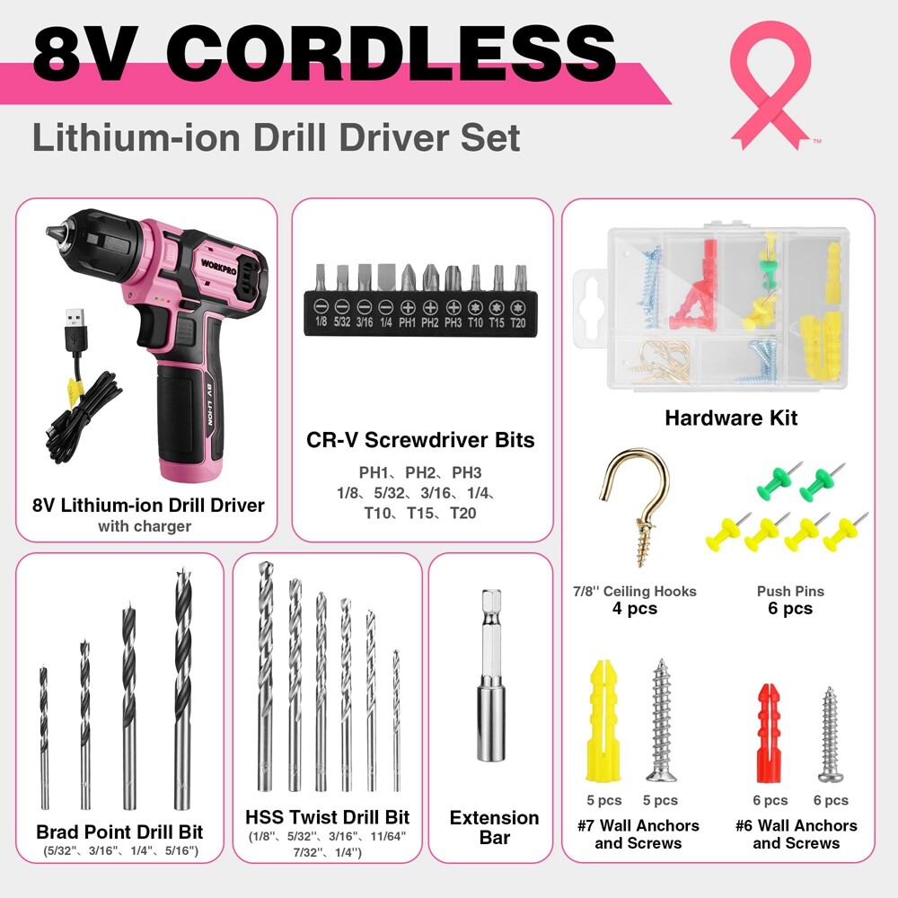 WORKPRO Pink Cordless Drill Driver Set 3/8 Keyless Chuck 53pc Bit Electric Drill