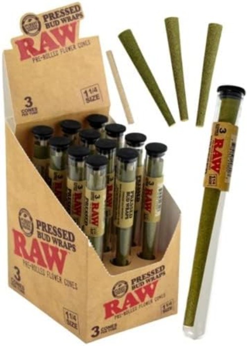 Raw Pressed Bud Wraps - 3 Pre-Rolled 1 1/4 Size Cones for Smooth Smoke