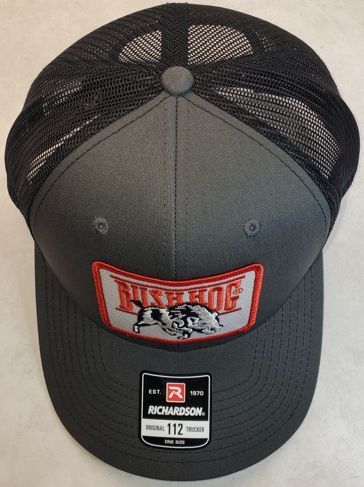 Bush Hog Patch on Richardson 112 Trucker Hat Snapback Charcoal/Black