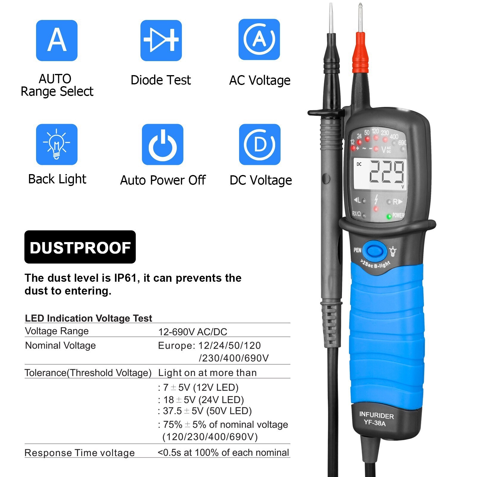 Voltage Continuity Tester 3-phase Voltage Phase Rotation 12-690V Circuit Tester