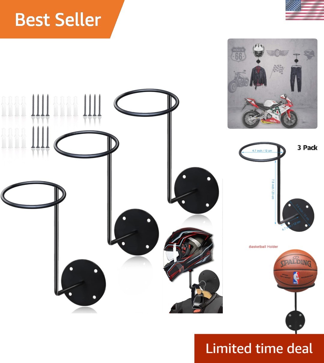Space-Saving Matte Metal Helmet Hangers - 50 lbs Capacity Wall Hooks, 3 Pack