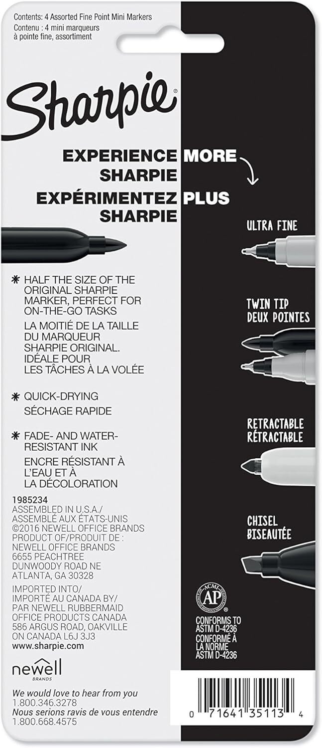 Sharpie Mini Permanent Markers, Fine Point, Assorted Colors, 4 Count - 35113PP
