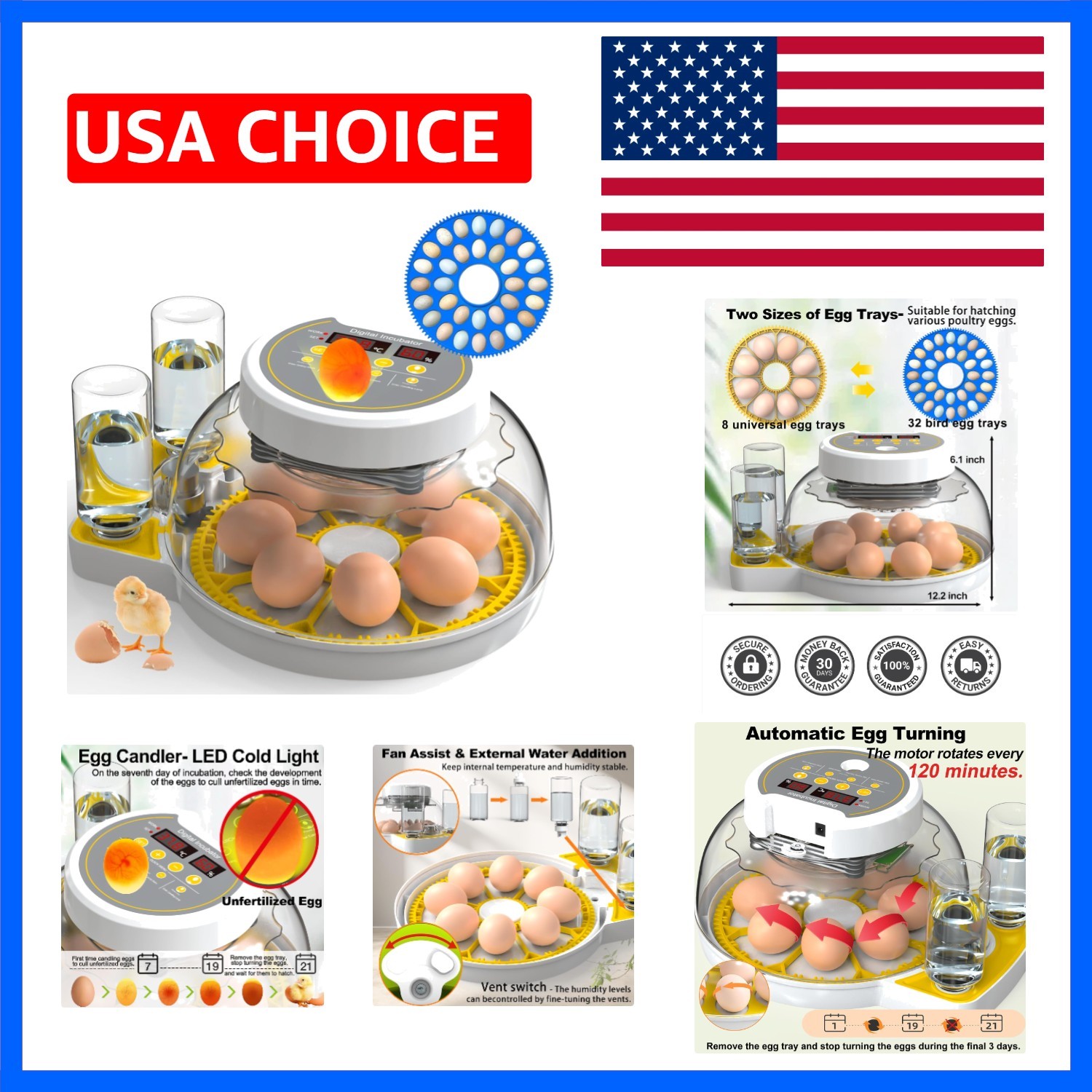 Egg Incubators for Hatching Eggs, 8/30 Chicken Egg Incubator with Automatic E...