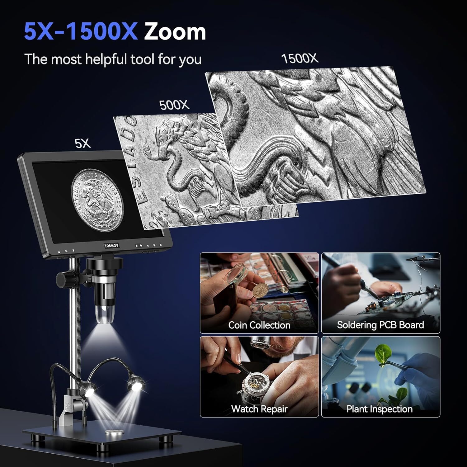 TOMLOV Digital Microscope 1500X Magnification Error Coin Microscope fr Collector
