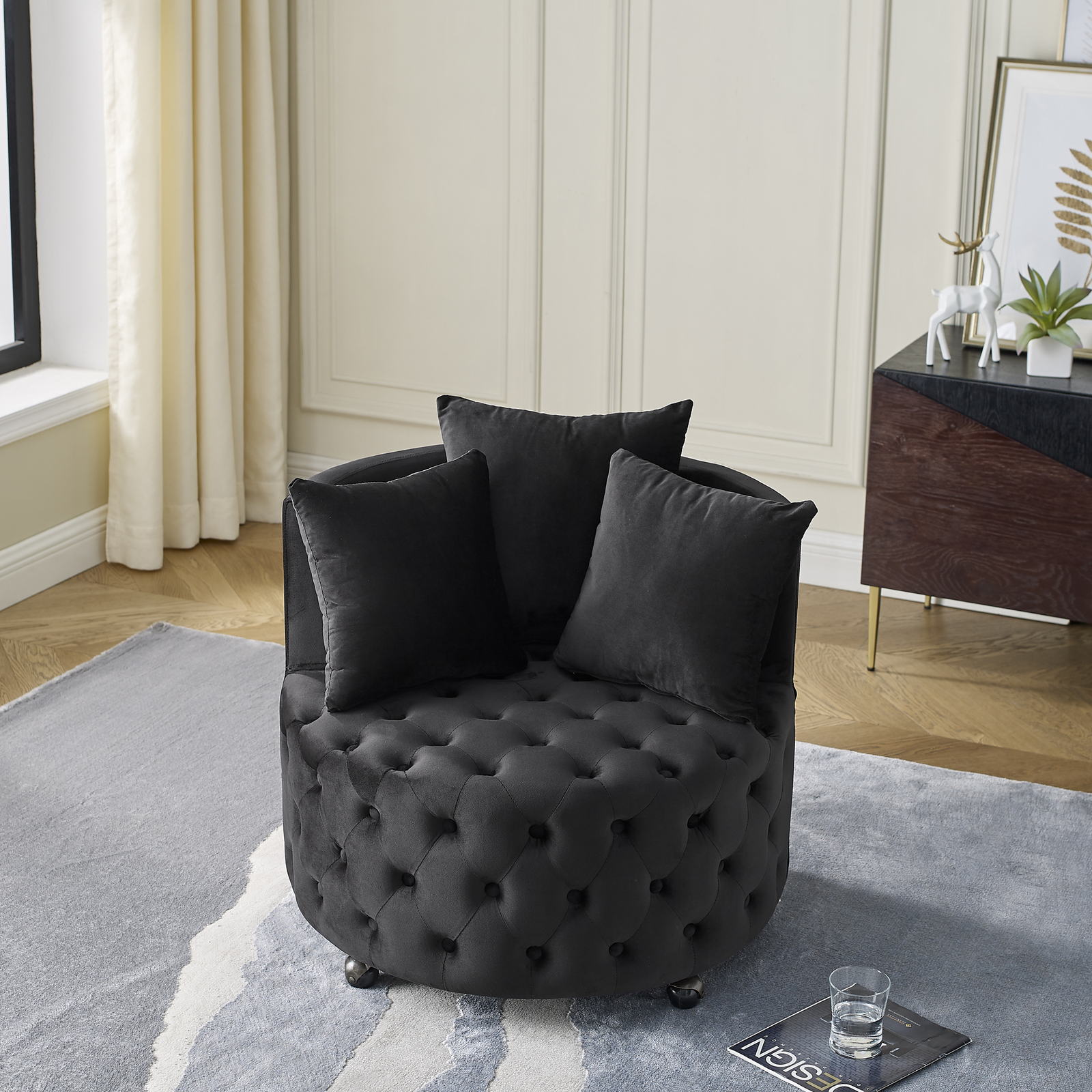 Velvet Upholstered Accent Chair Sofa Lounge Club Round Chair Living Room Black