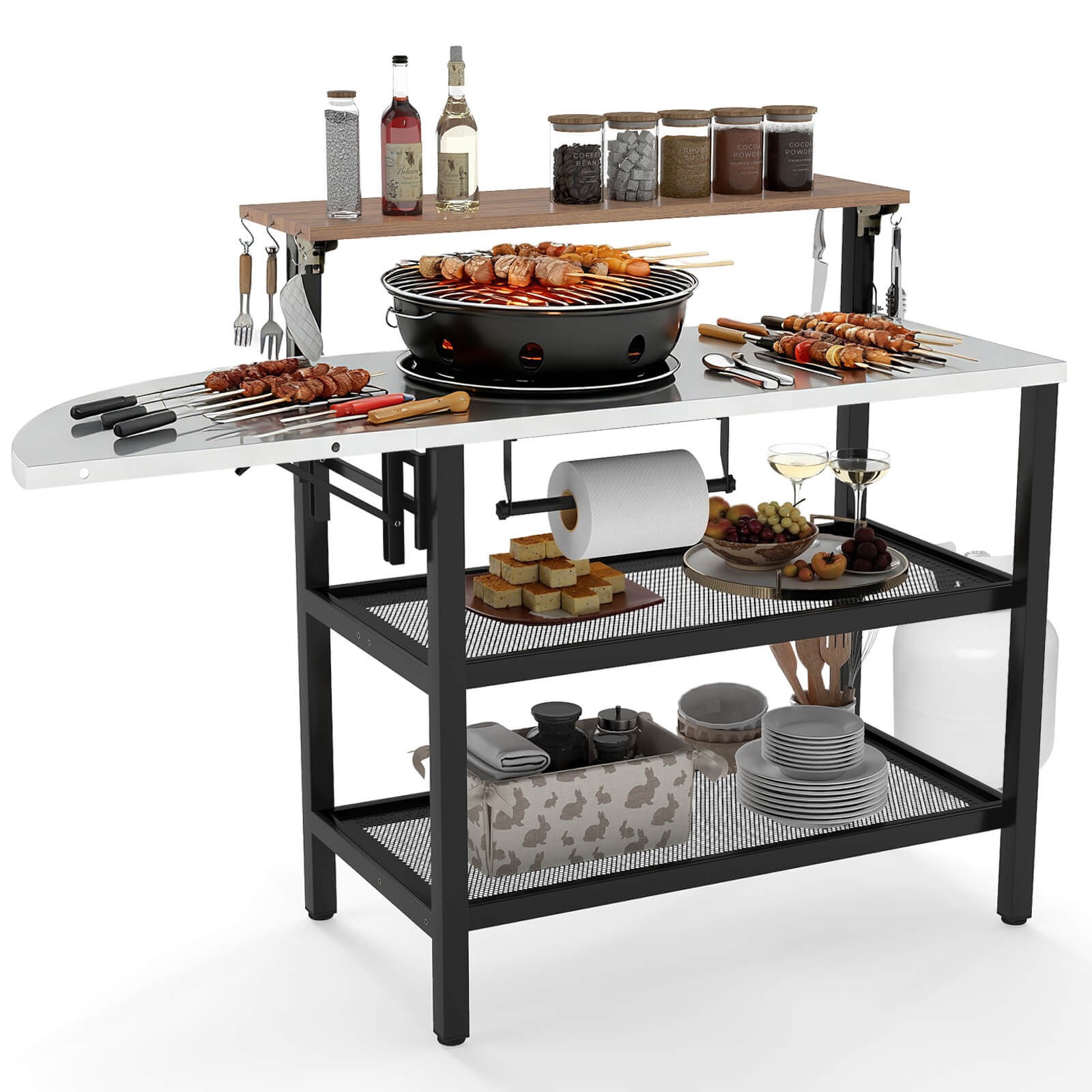 Patio Bar Table w/Flip-Up Top, Foldable Side Table, 2 Storage Shelves for Garden