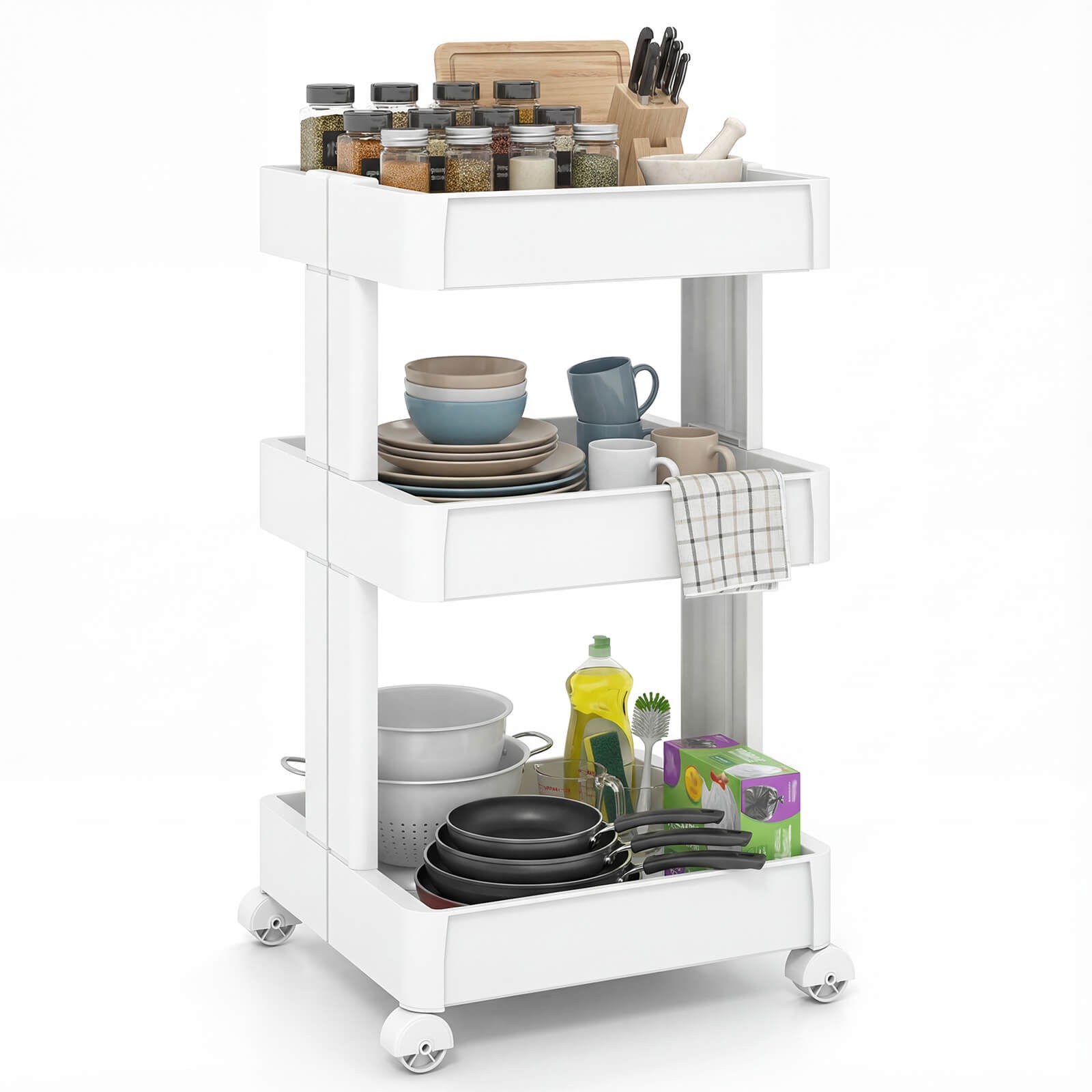 3-Tier Rolling Utility Cart w/ Detachable Trays and Smooth Wheels for Kitchen
