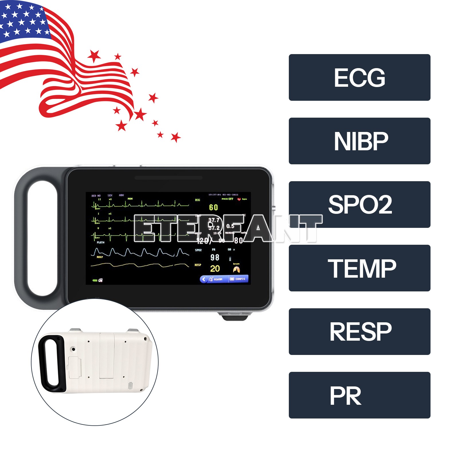 7" Multi-parameter Touch Screen Patient Monitor ECG/RESP/TEMP/NIBP/SPO2/PR