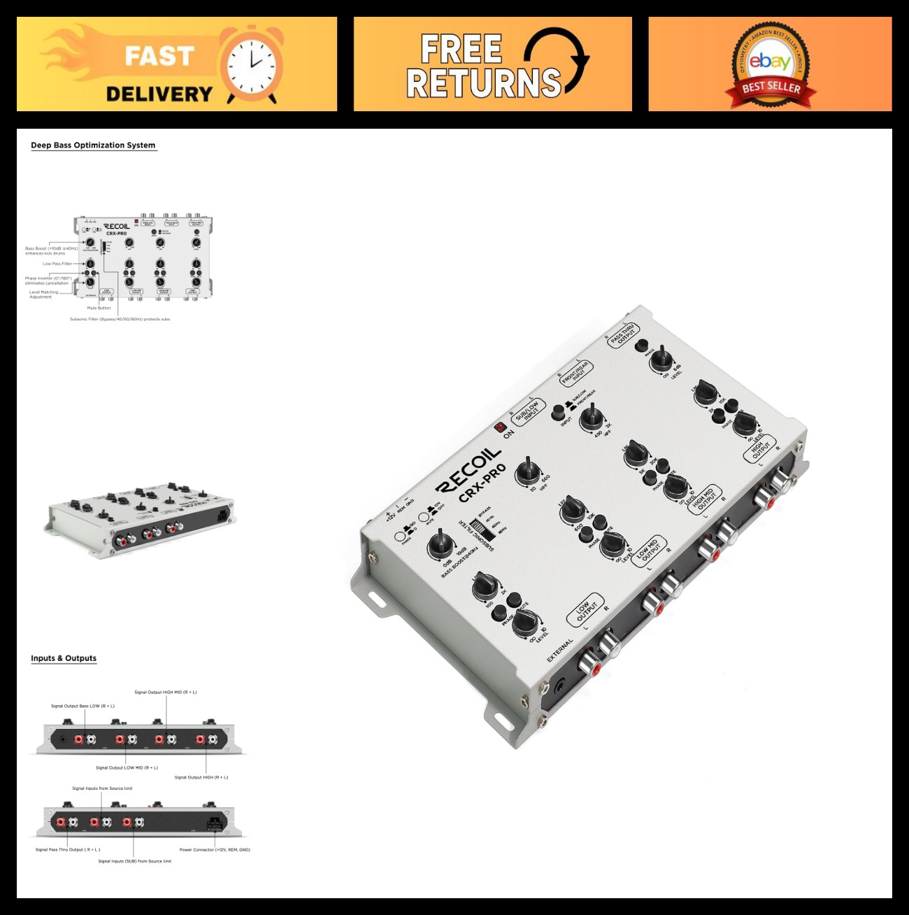 5-Way Electronic Crossover Signal Processor for Car Audio, 4 Channel Output, Bas