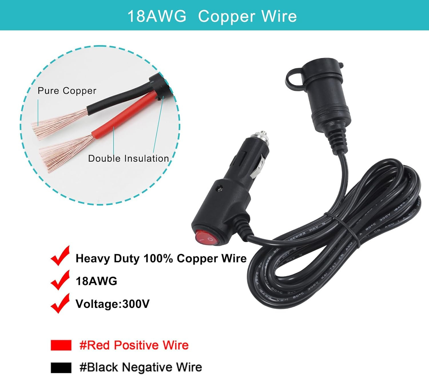 10FT 12Volt DC Cigarette Lighter Extension Cord with on off Switch - Black Car P