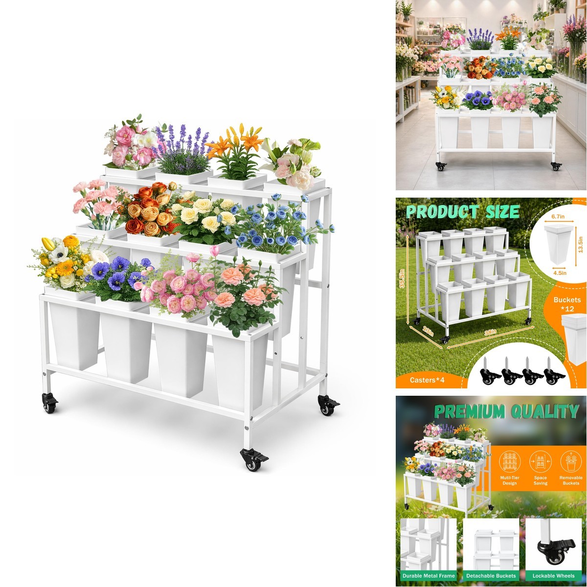 PROLEE Flower Display Stand 12 Buckets 3 Layers White with Wheels