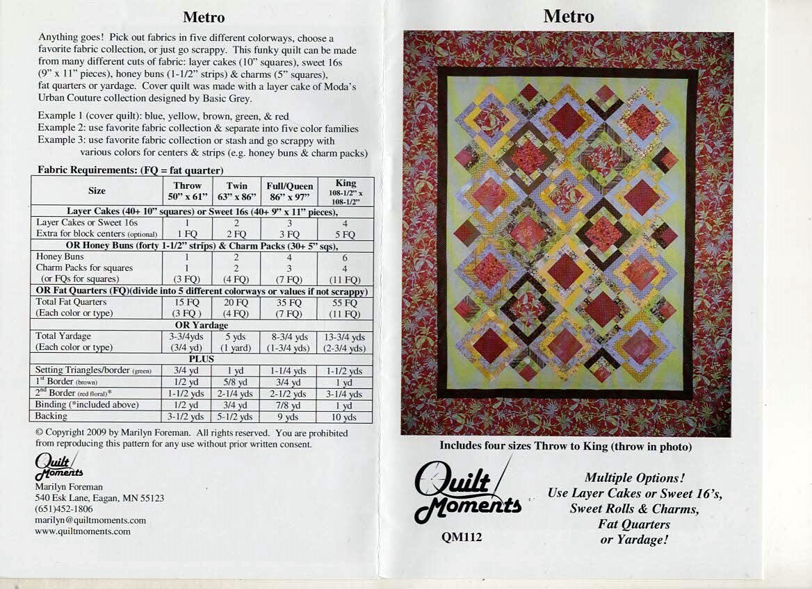 Quilt Moments Pattern Metro Quilt Pattern #QM112 Throws to King NIP