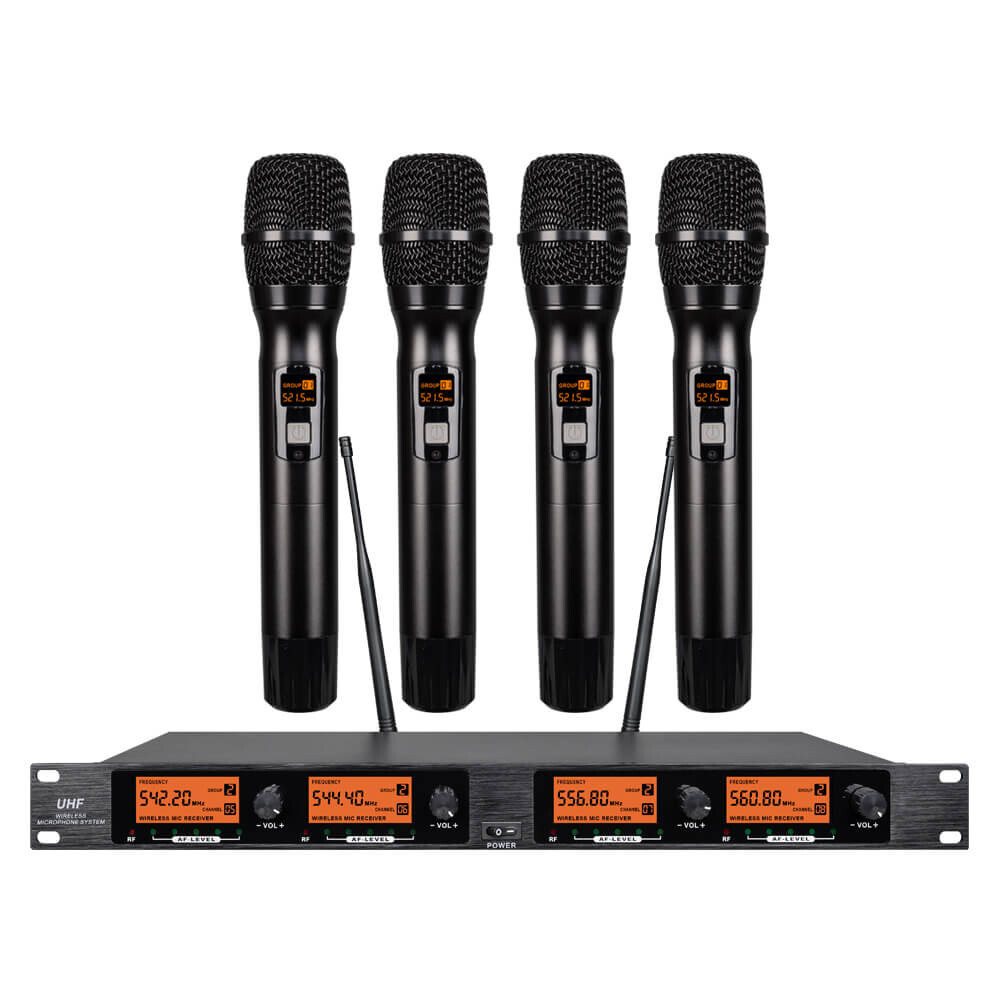 Wireless Microphone System Pro Audio UHF 4 Channel 4 Handheld Metal Dynamic Mic