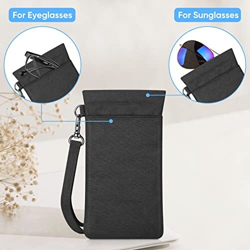 Double Eyeglasses Pouch with Carrying Strap, Portable Squeeze Top Black
