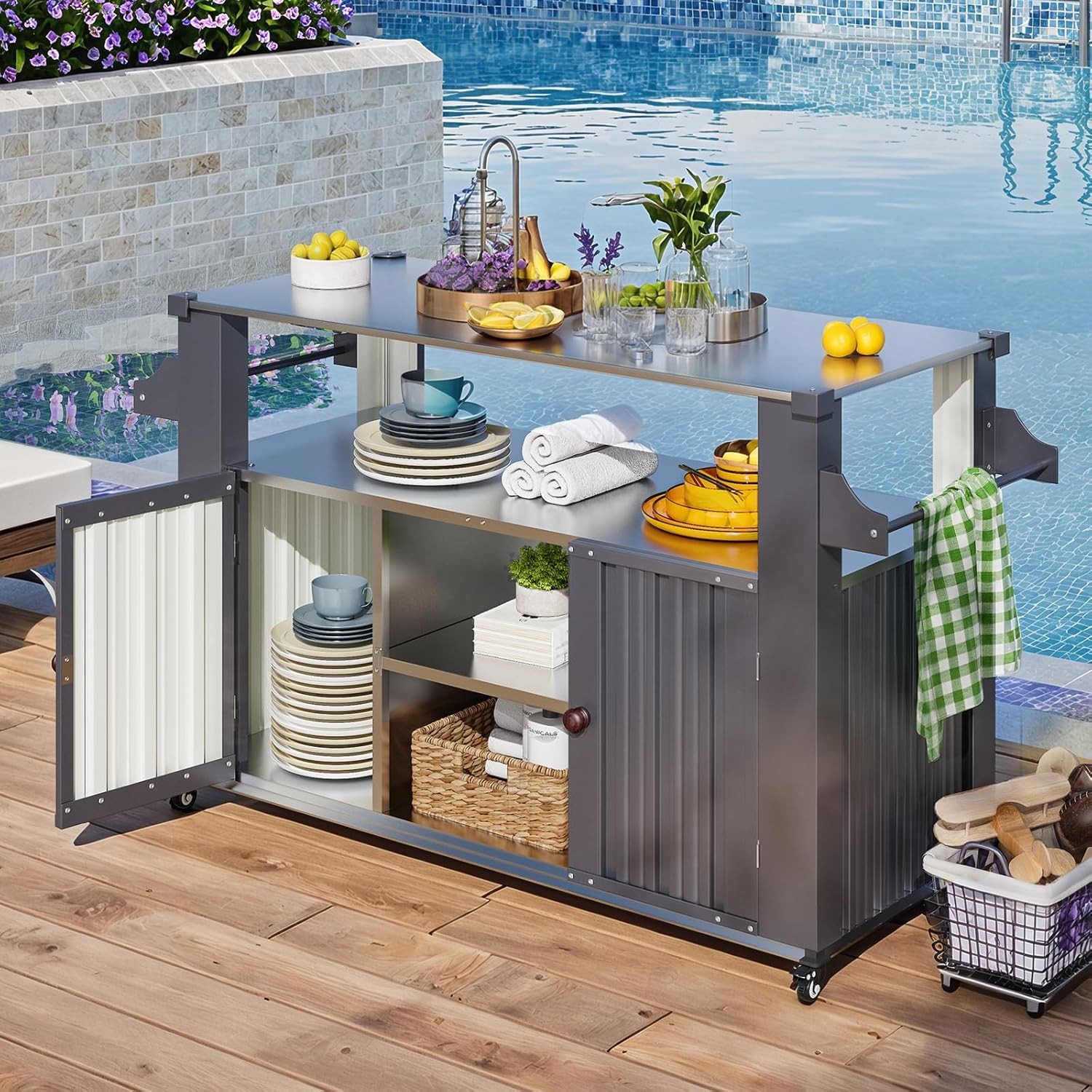 Outdoor Grill Table Cart w/ Storage Cabinet Weatherproof, Outdoor Kitchen Island