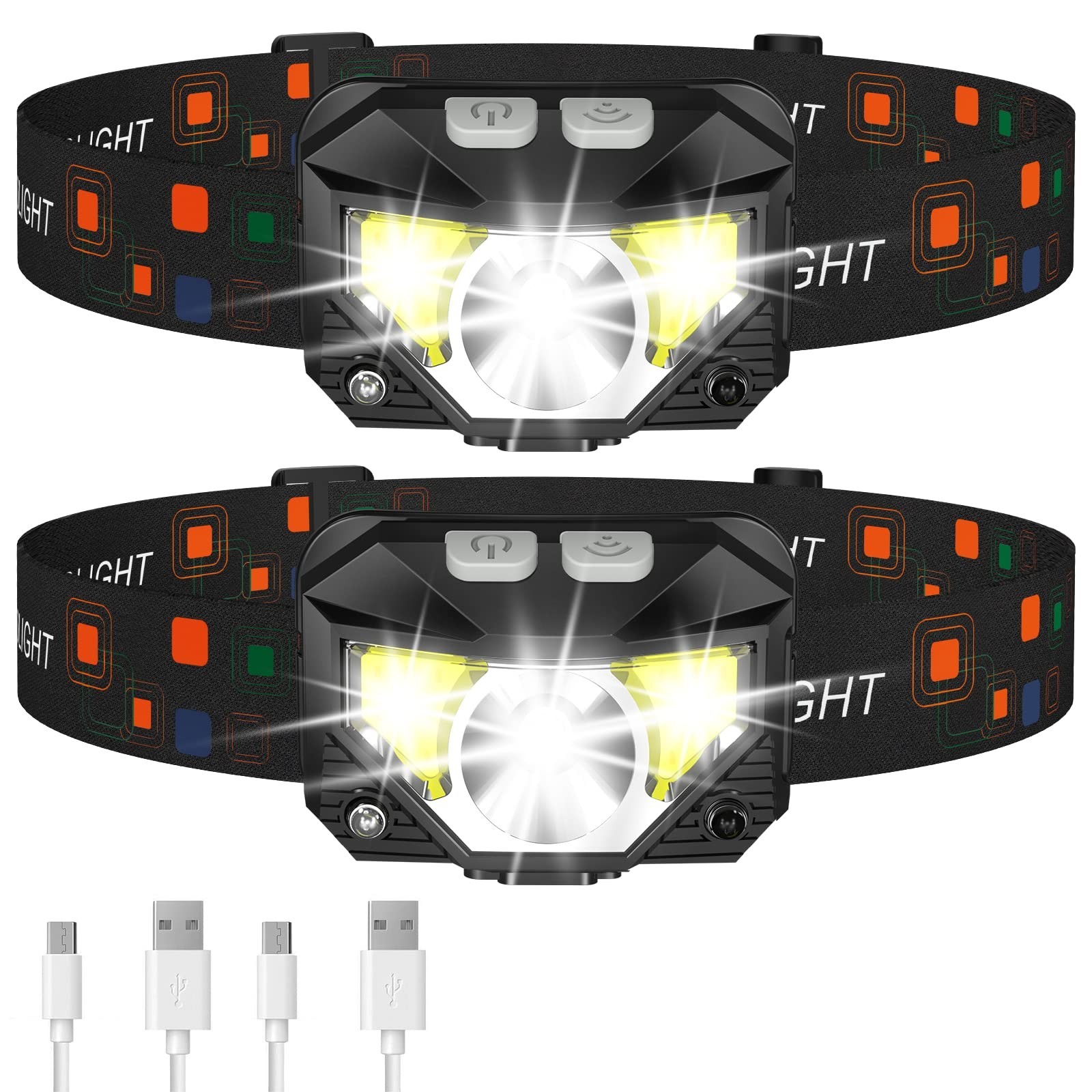 Rechargeable LED Headlamp, 2-Pack Waterproof Headlight with White Red Light