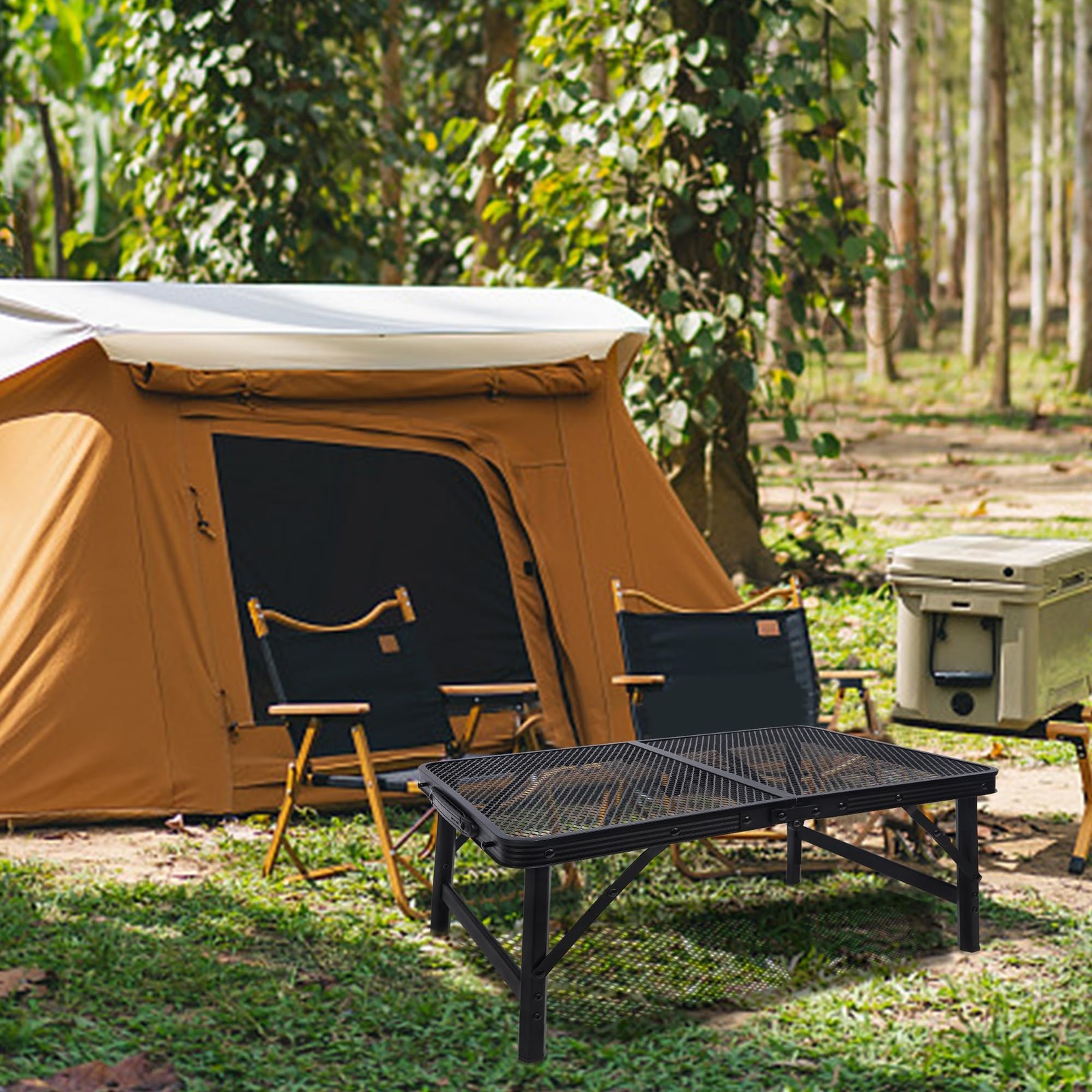 FORUP Small Folding Camping Table w/ Mesh Desktop, Portable, Adjustable Height
