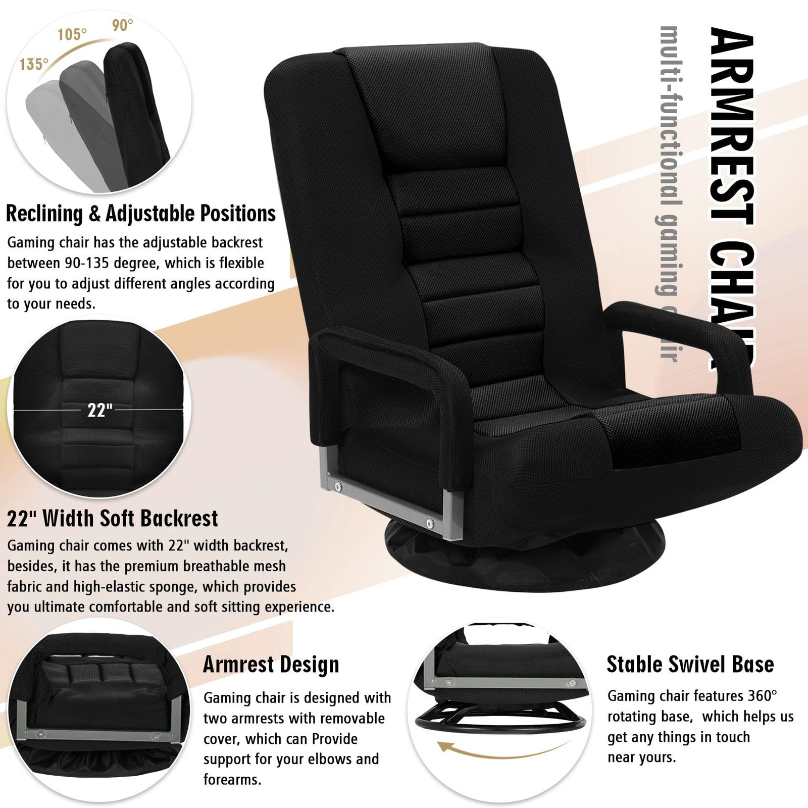 Swivel Floor Gaming Chair W/armrests Folding Video Reclining Sofa W/6 Adjustable