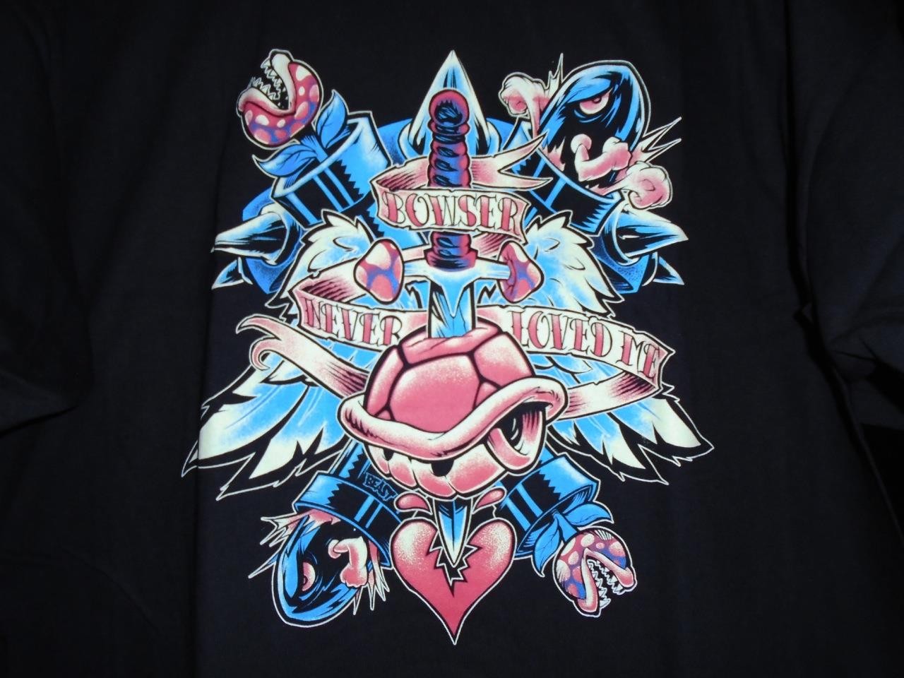 TeeFury M XLARGE "Bowser Never Loved Me" Tattoo Parody Shirt BLACK