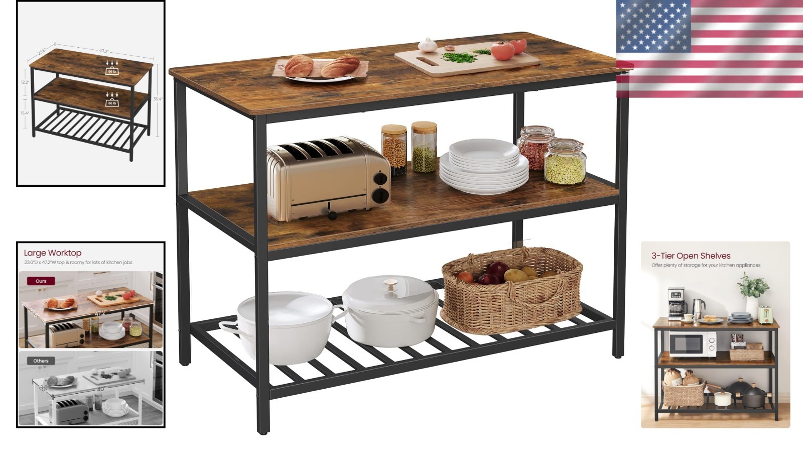 Kitchen Island with Shelves Large Worktop Freestanding Steel Structure Rustic...