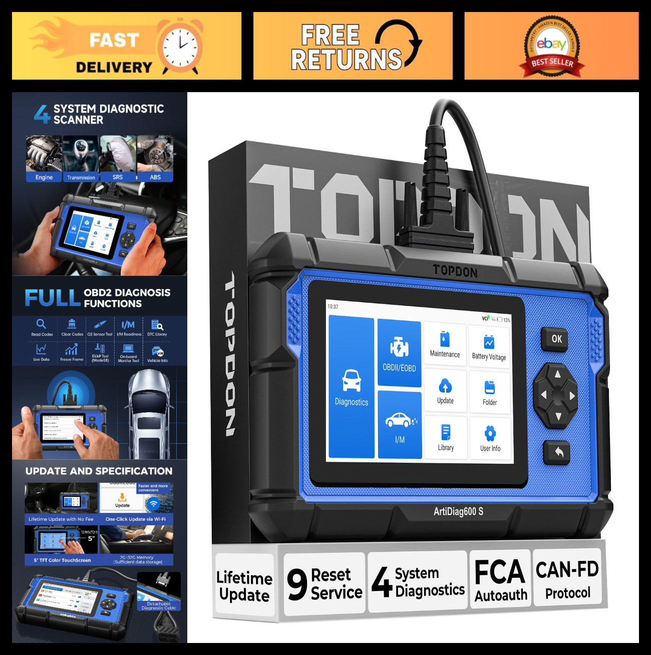 OBD2 Scanner Diagnostic Tool - Engine, ABS, SRS, Transmission | 9 Reset Services