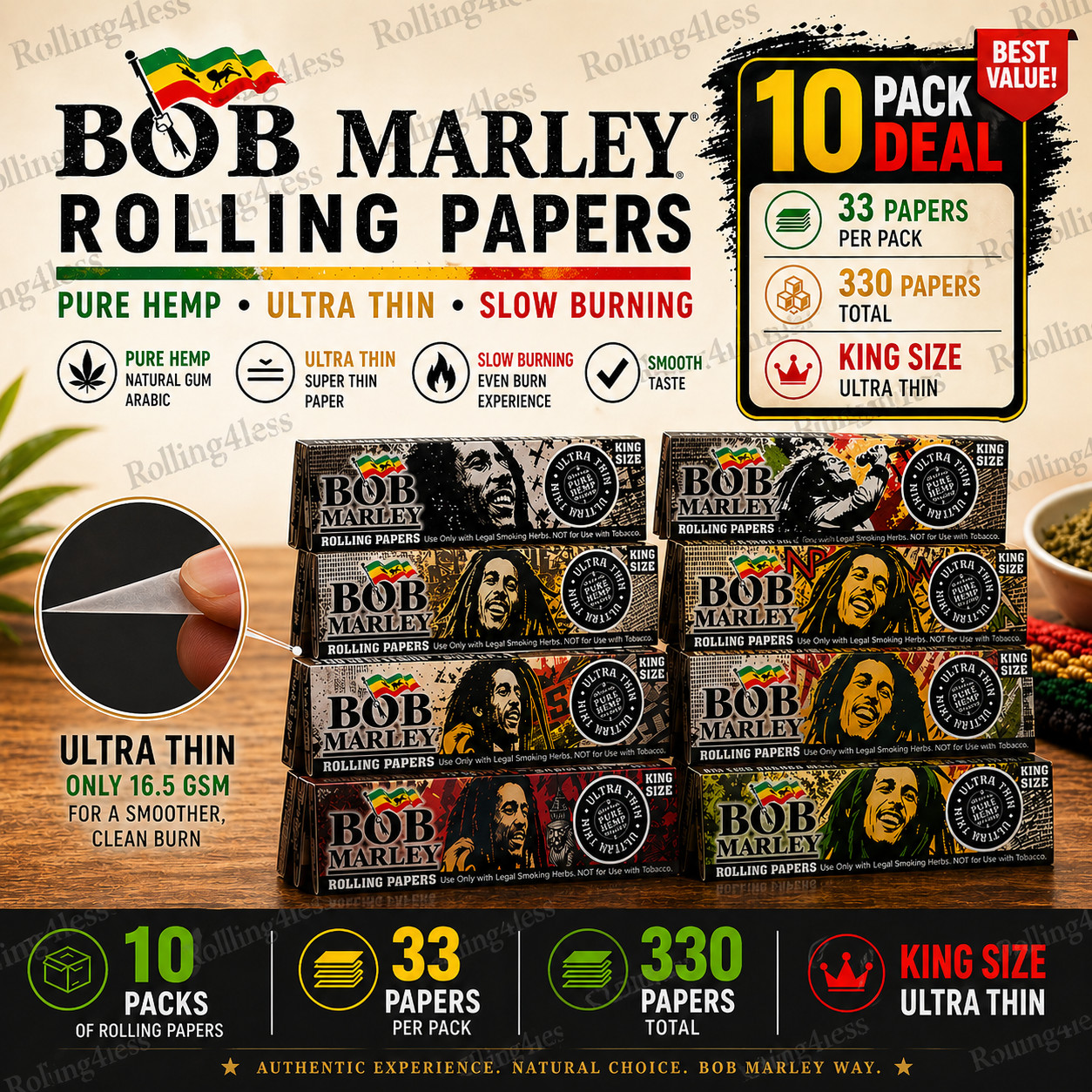 Bob Marley Ultra Thin King Size Rolling Papers Authentic | 10 Packs Deal