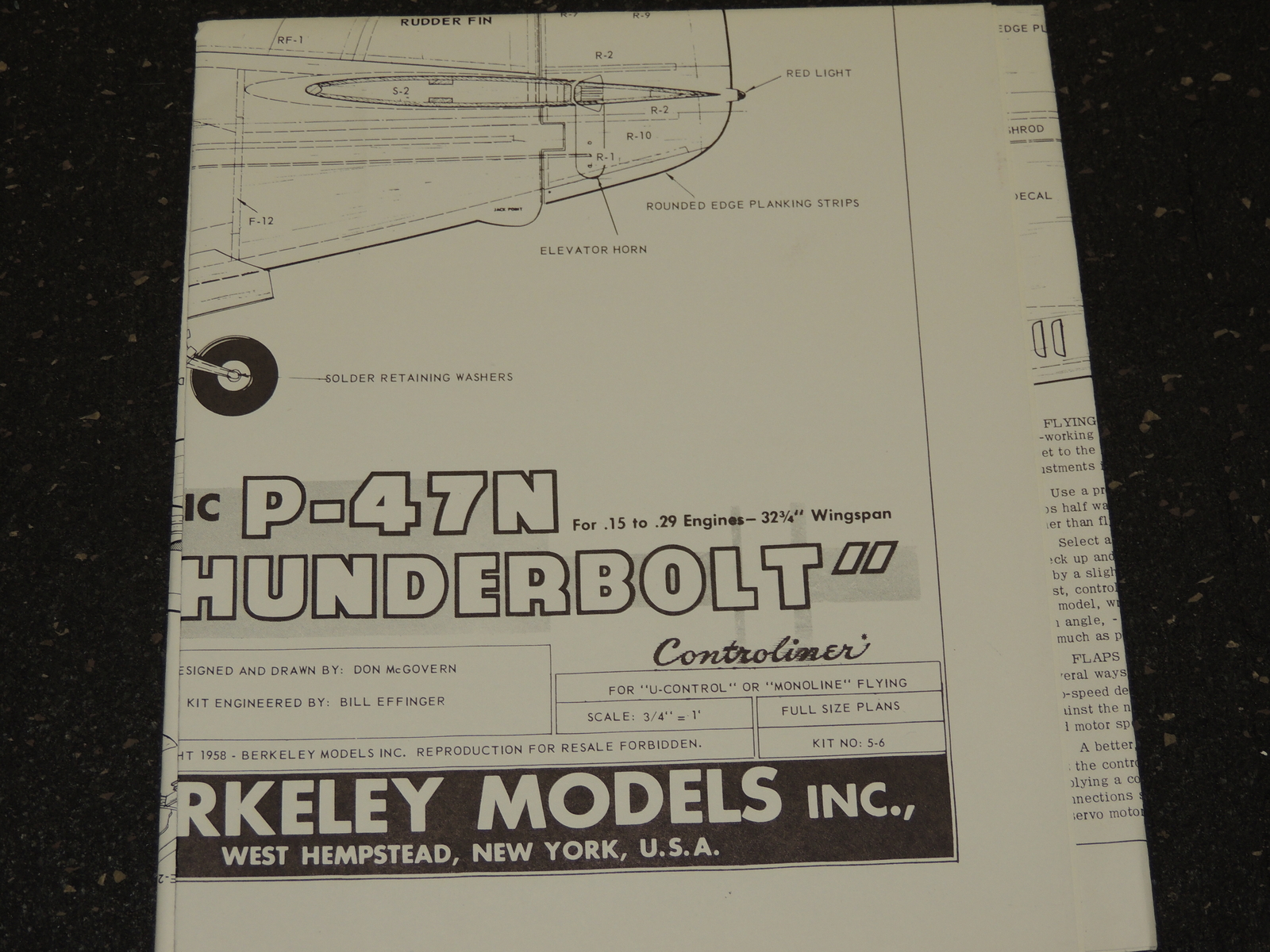 Berkeley Models Airplane Blueprints Plans 1958 P-47N Thunderbolt