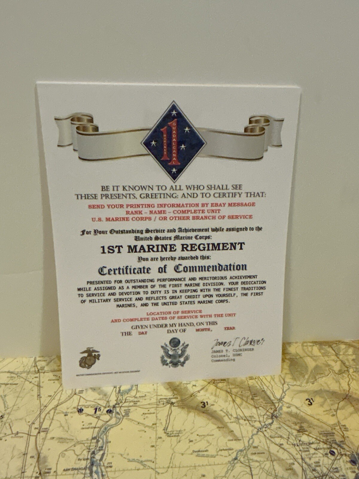 U.S. MARINE CORPS / 1ST MARINE REGIMENT (1 MARDIV) - CERTIFICATE OF COMMENDATION