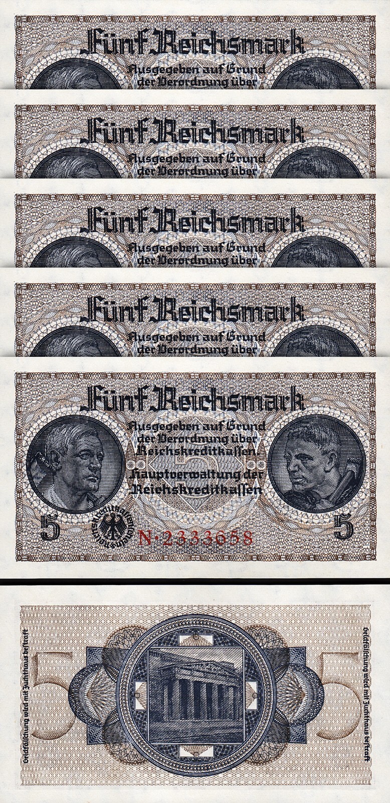 Germany 5 Reichsmark 1940 1945, UNC, 5 Pcs LOT, P -R138, Swastika, Watermark