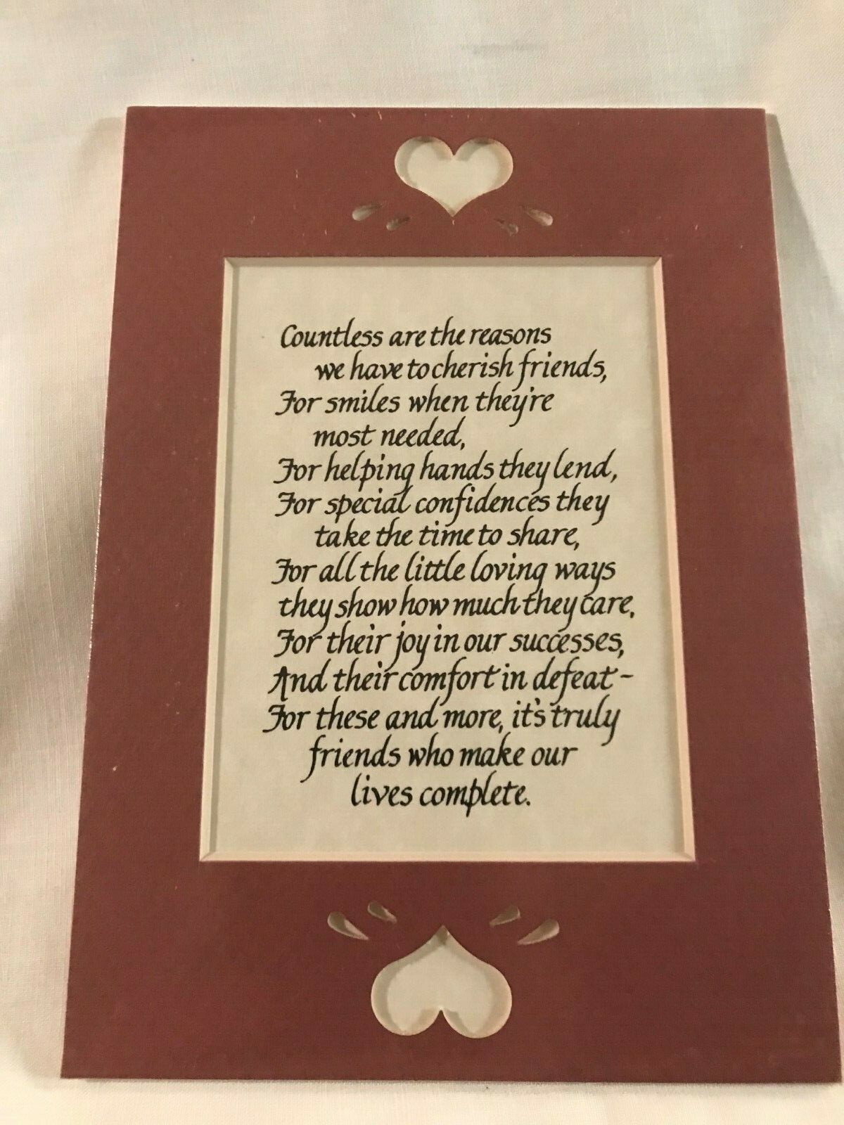 CRAFT - Calligraphy Art Cut Heart Matted Cherish Friend Unframed 5"x7" Burgundy