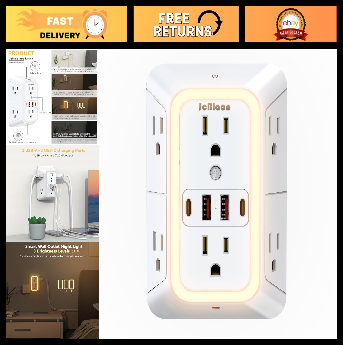 6 Outlet Wall Plug Extender with Night Light & 4 USB Charging Ports - Power Stri