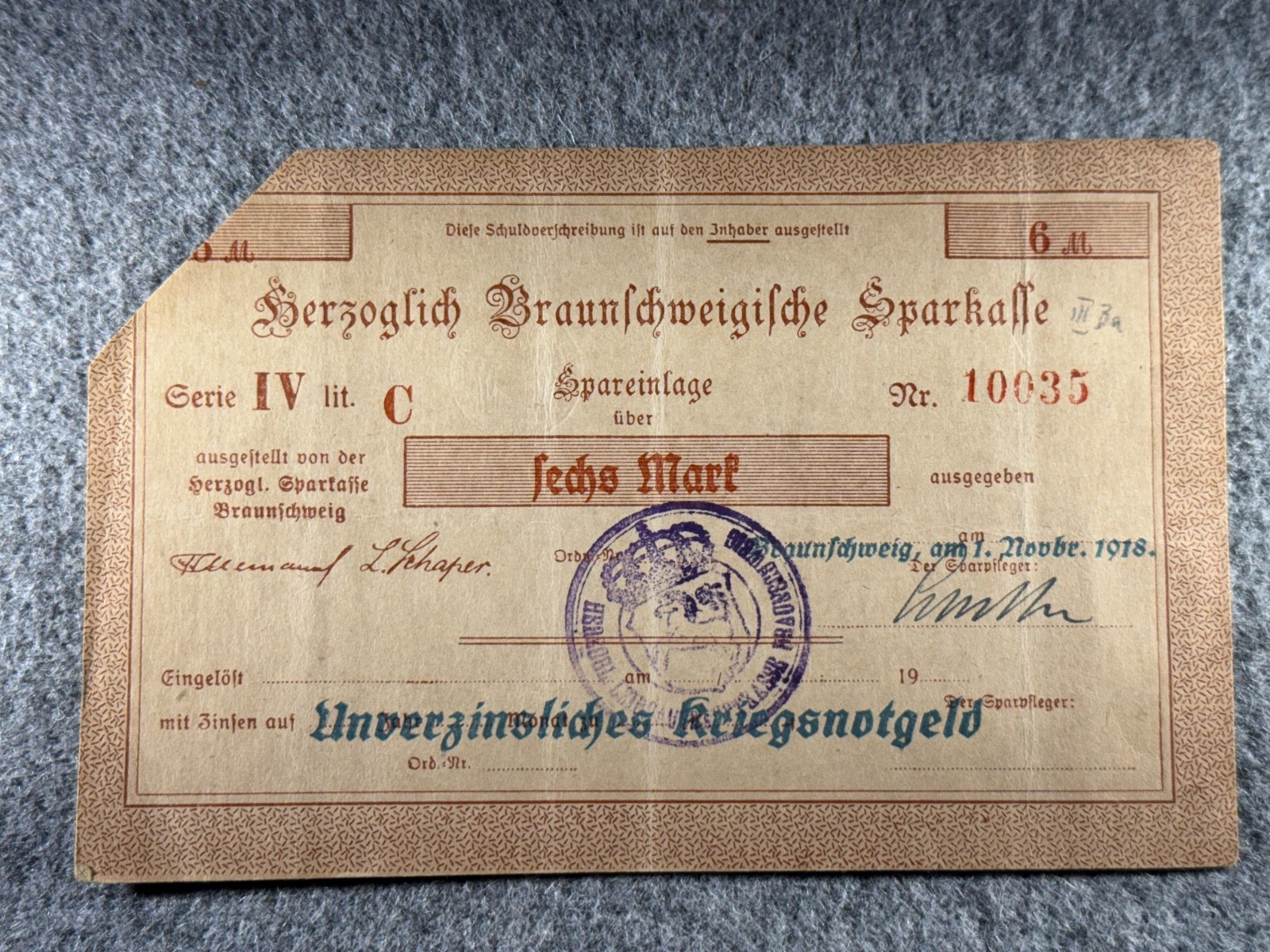 1918 Germany 6 Mark Federal state of Brunswick Notgeld SPC1337