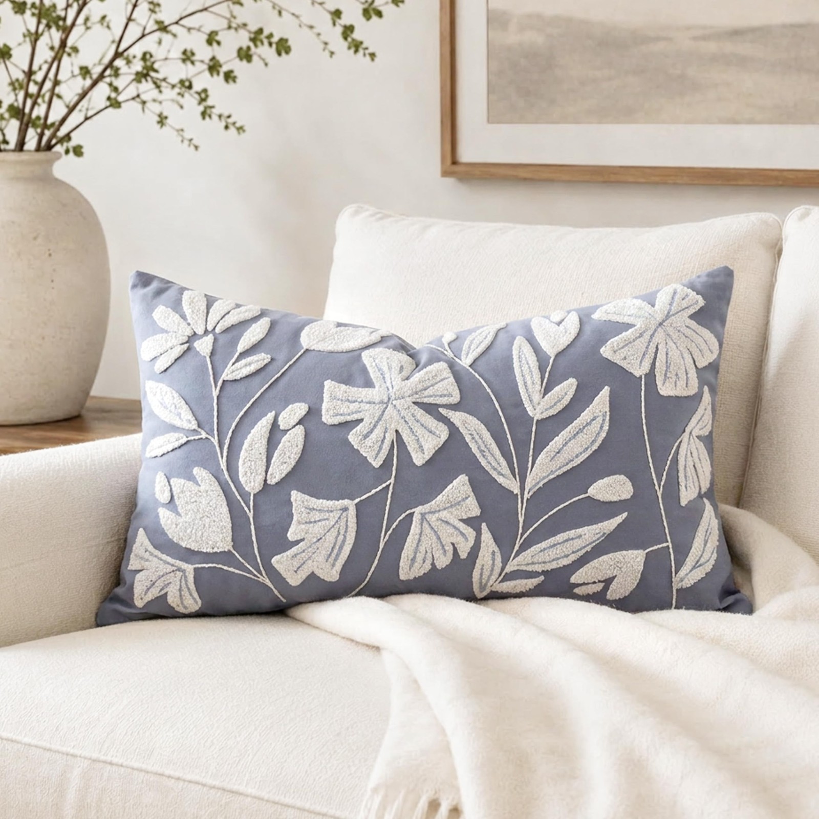BlissBlush Decorative Lumbar Pillow Cover 12x20, Coastal Dusty Blue Accent Ve...