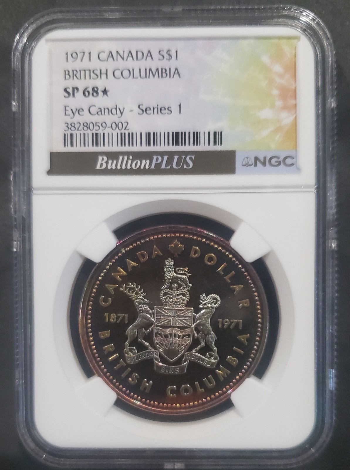 MONSTER RAINBOW TONED-1971 CANADA Silver S$ 1 BRITISH COLUMBIA┃NGC SP68 STAR*