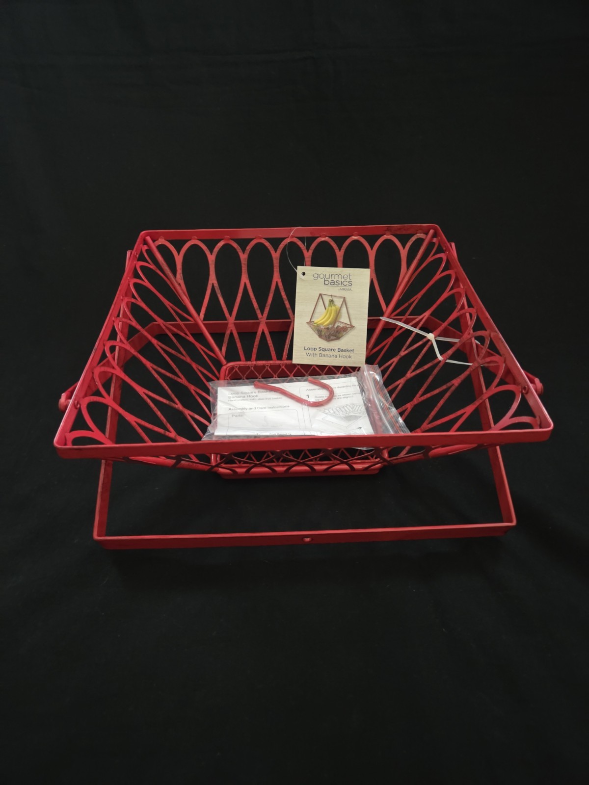 Loop Square Basket W/ Banana Hook Gourmet Basics Mikasa 12.4"Lx12"Wx15"H Red