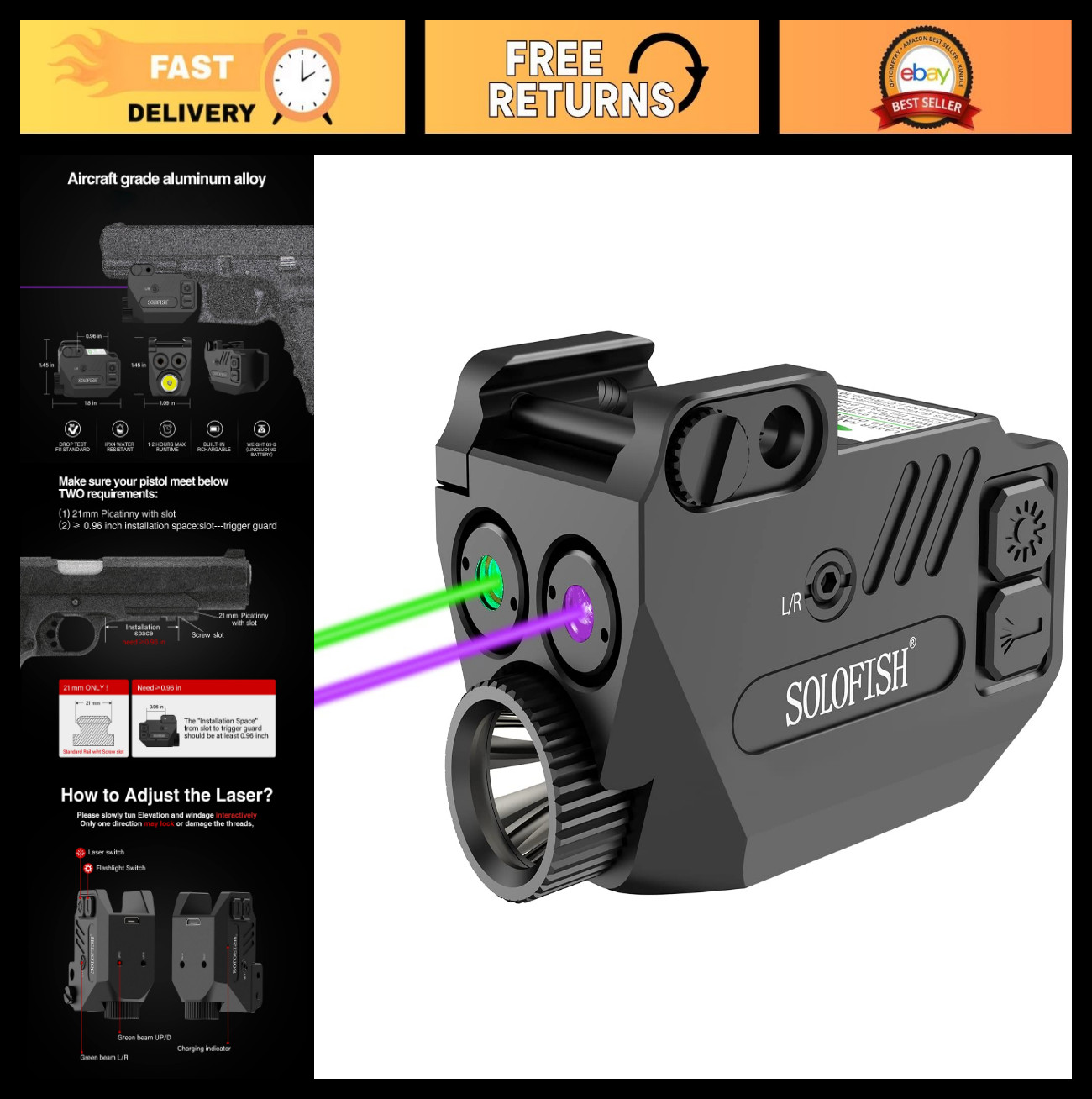 500lm Rechargeable Pistol Light, Purple/IR/Green Blue Beam Combo for Guns