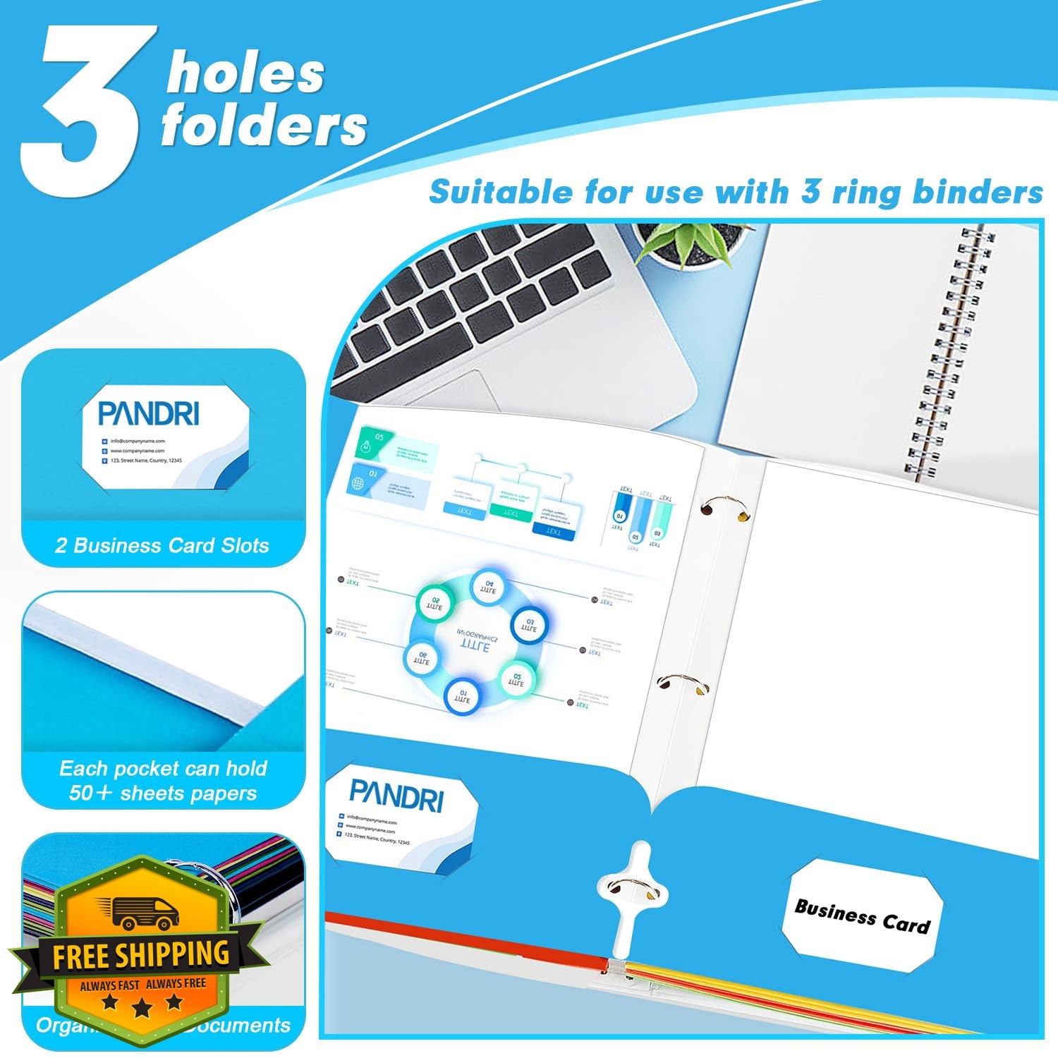 PANDRI Lightblue 60 Pack 2 Pocket Folders