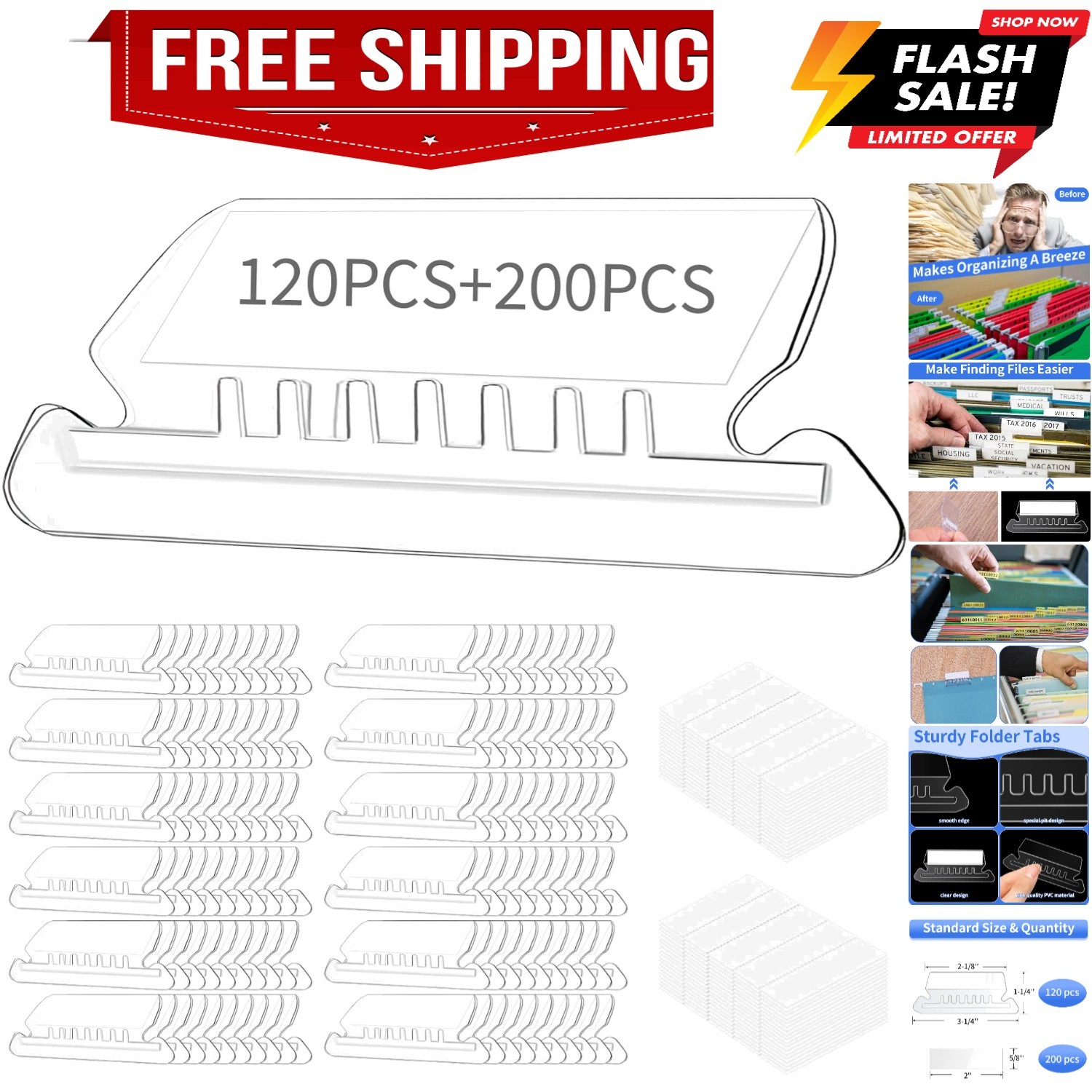 120 Pcs File Folder Tabs and 200 Pcs Inserts, File Tabs for Hanging Folders, ...