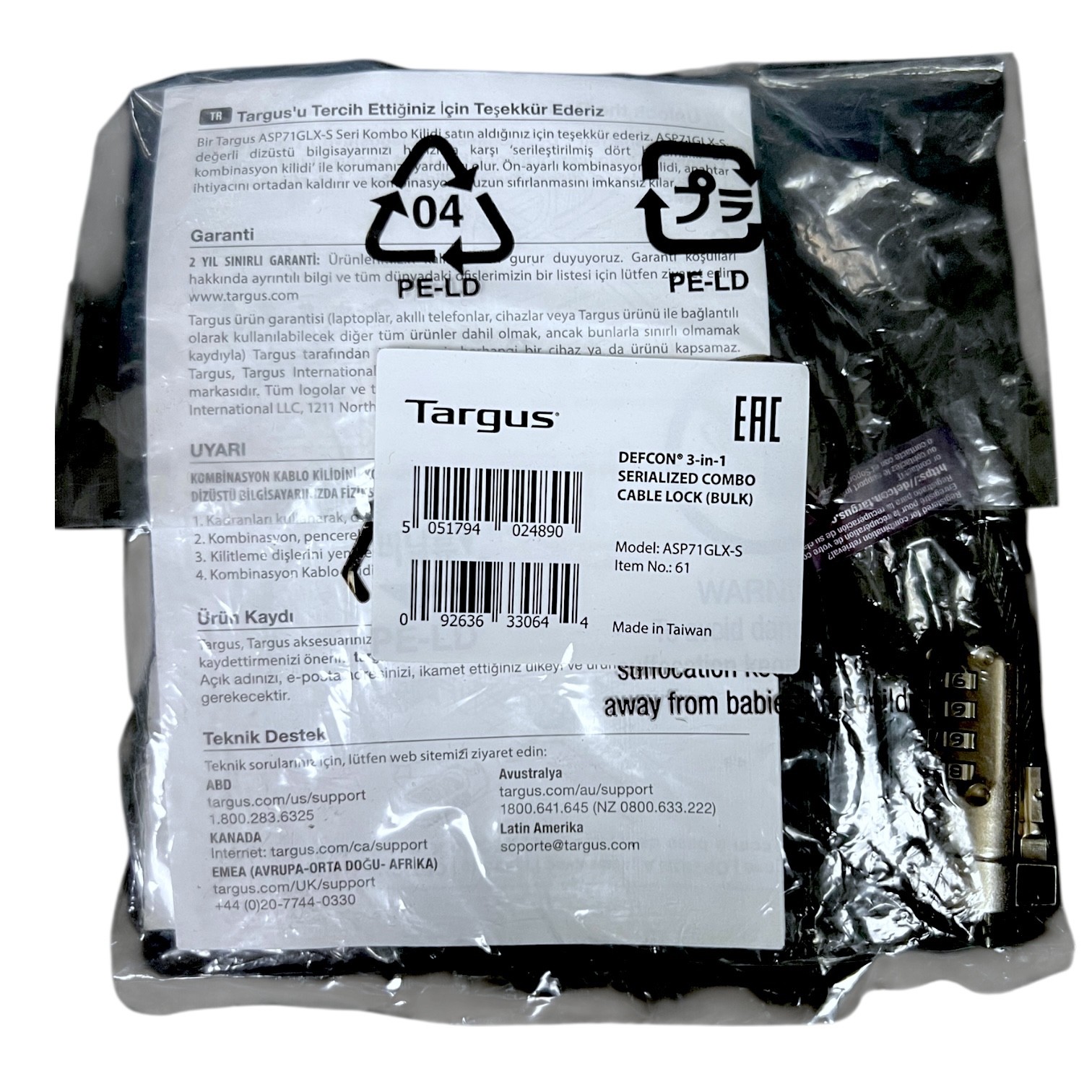 Targus ASP71GLX-S DEFCON Compact Serialized Combo Cable Lock - Black - NEW