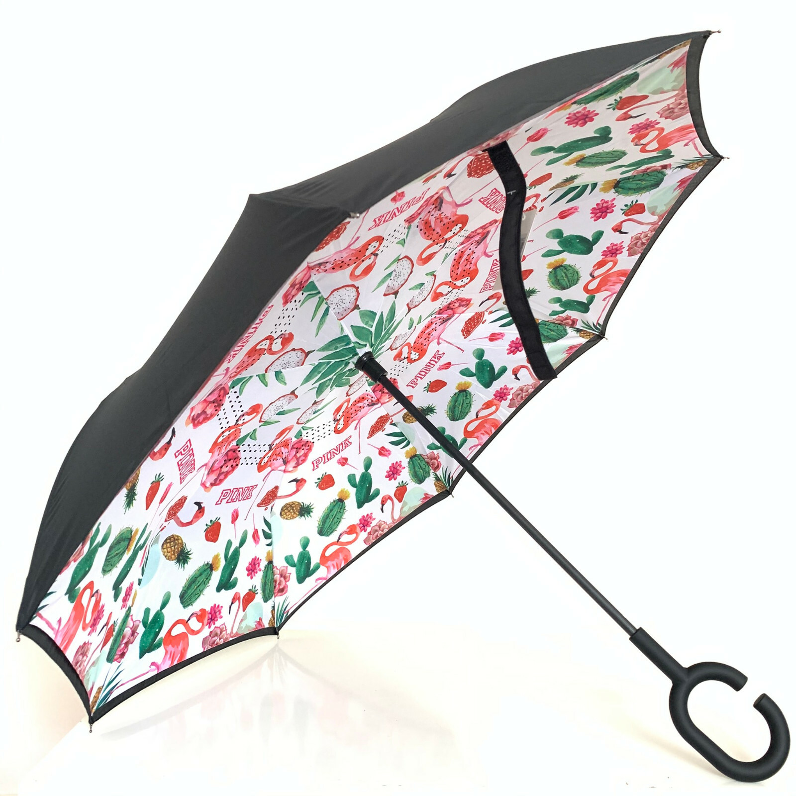 C-Handle Inverted Reverse Umbrella, Flamingo print, Inside-out, Upside-down