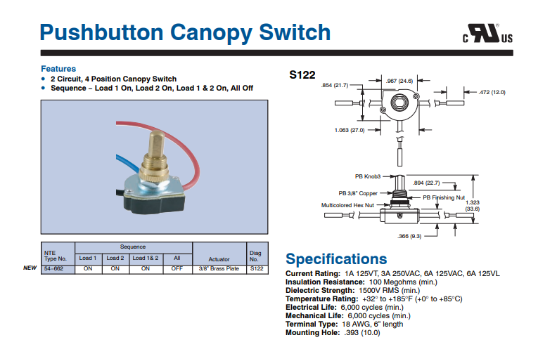 NTE 54-662 2-Circuit 4-Position Push-Button Canopy Switch 6A 125V
