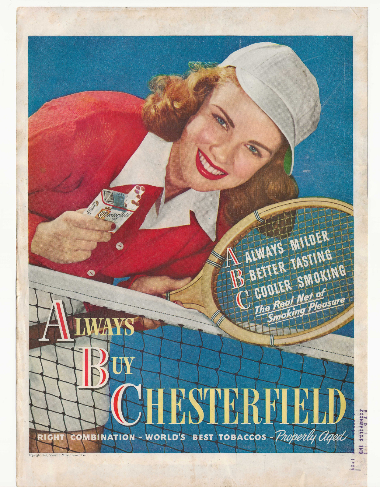 1946 Chesterfield Cigarettes Beautiful Tennis Woman Red White Blue Print Ad