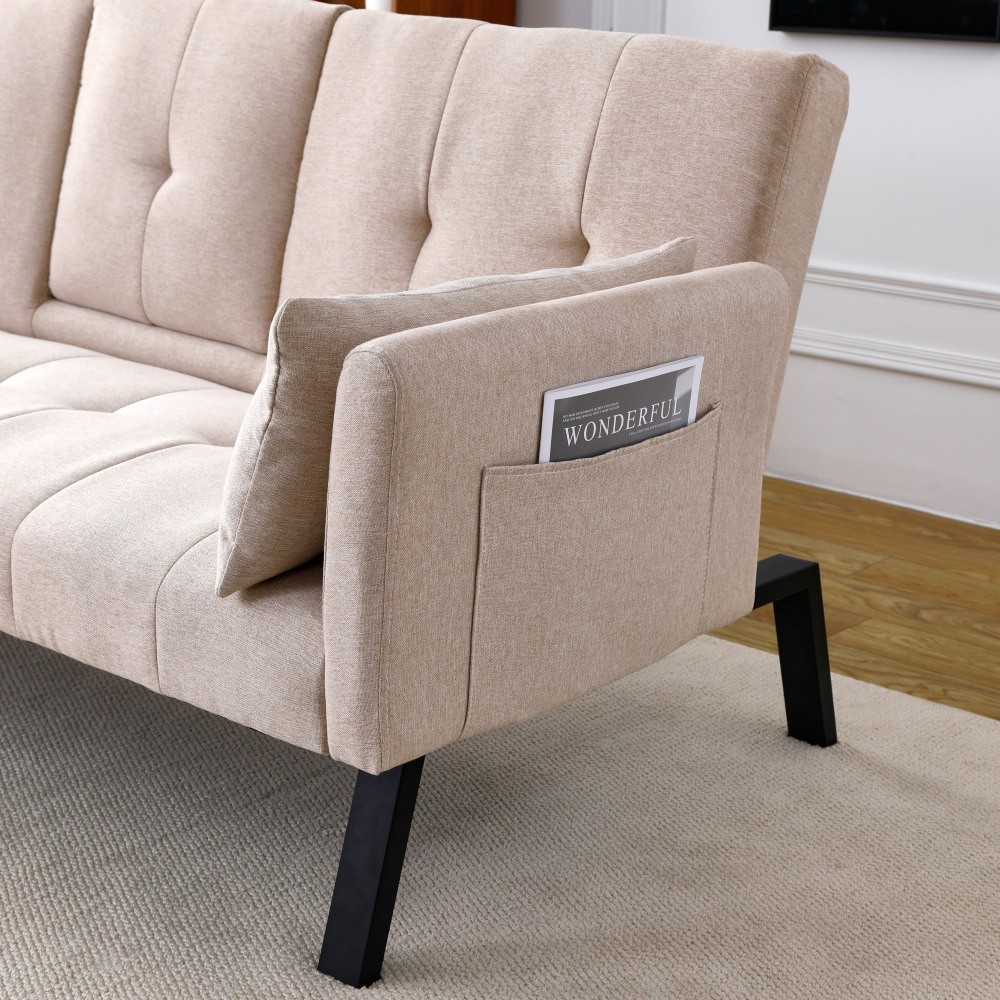 70" Cotton Linen Sofa Bed, Foldable Sofa w/Cup Holder& Storage,Multi-Functional