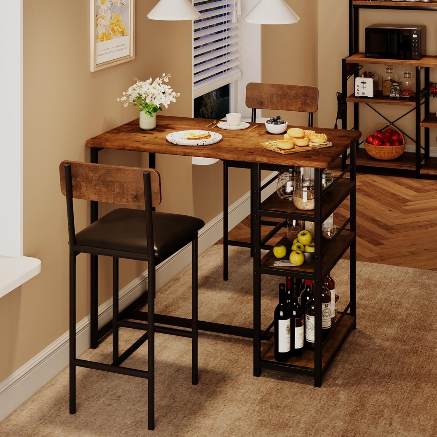 Dining Table Set 2 Counter Height Kitchen Table W/ 2 Upholstered Bar Stools